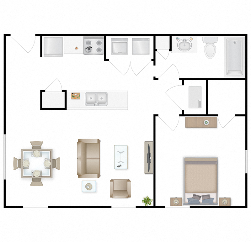 A floor plan of a 610 square foot one bedroom home at Gallatin Trails Apartments.